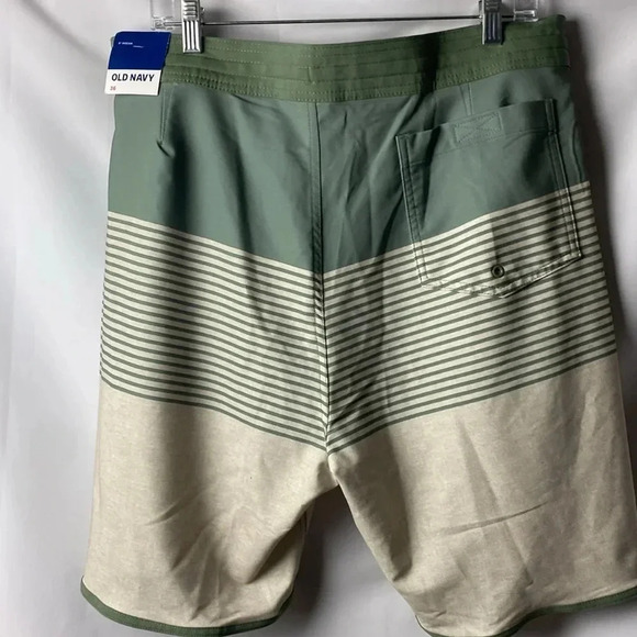 NWT OLD NAVY MENS SIZE 36 SWIM TRUNKS 9” INSEAM OLIVE GREEN TAN STRIPES - Picture 12 of 14